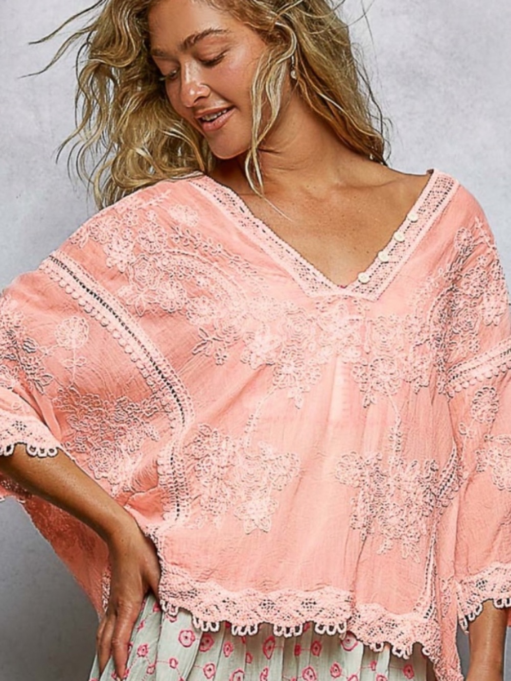#199-036 POL Peach Embroidered Lace-Trim Tunic